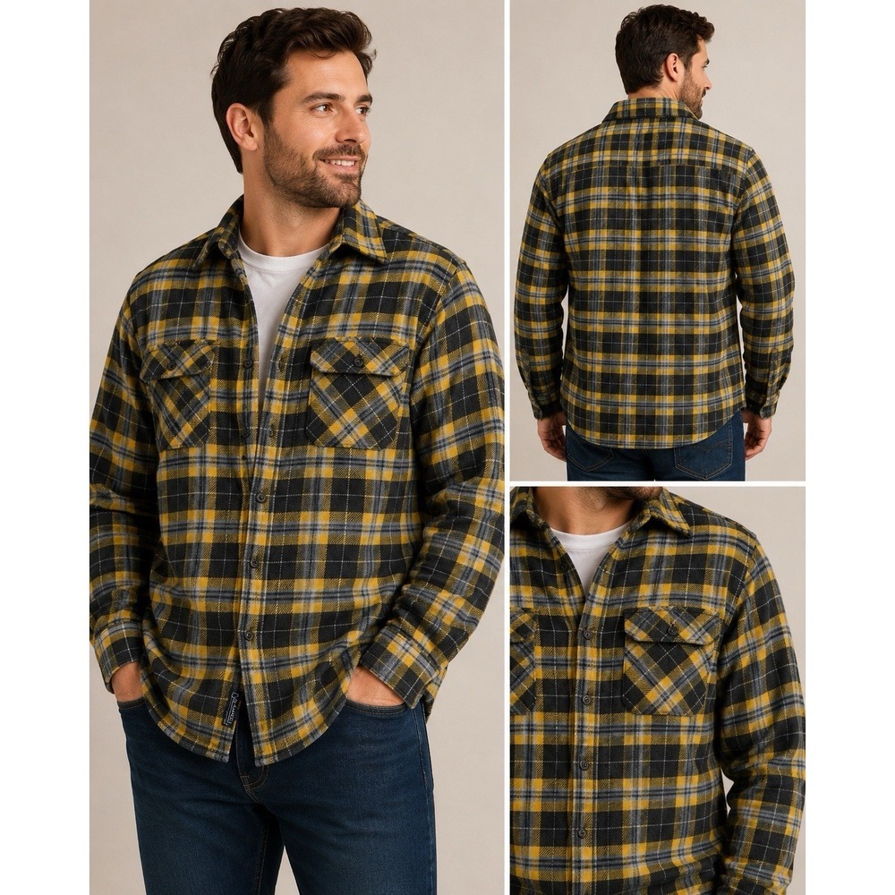 Gruyere Heritage Flannels Men's L 100% Cotton Plaid Flannel Shirt Buton Up Black